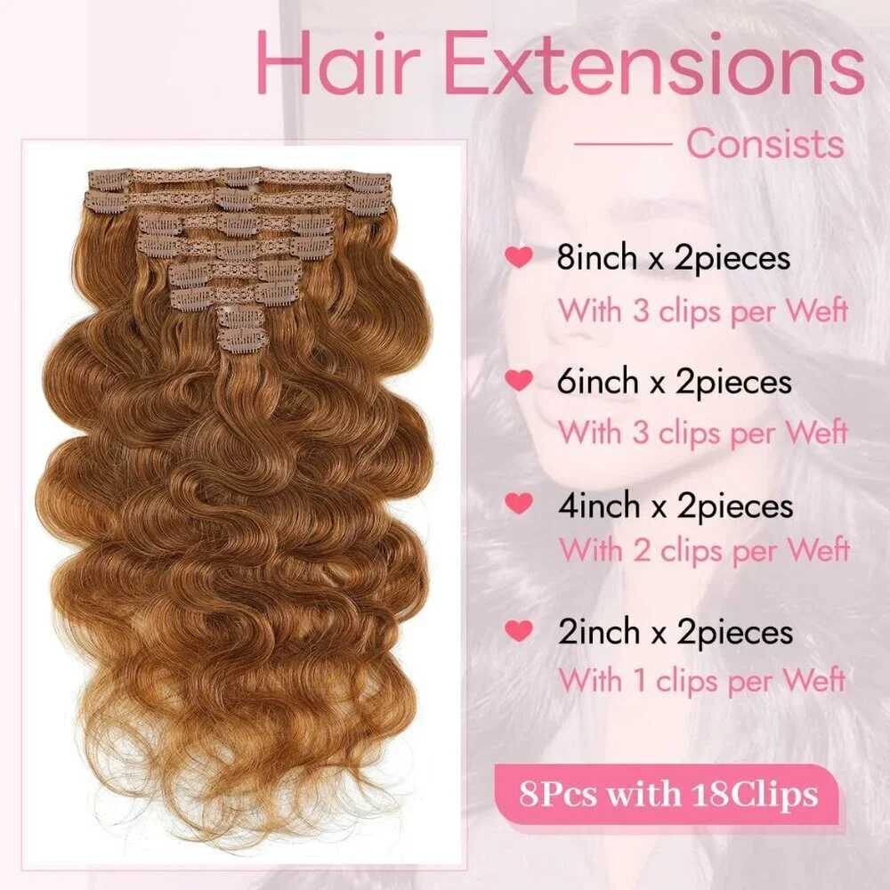 Clip in Hair Extensions Real Human Hair Body Wave 22 Inches Auburn Ginger